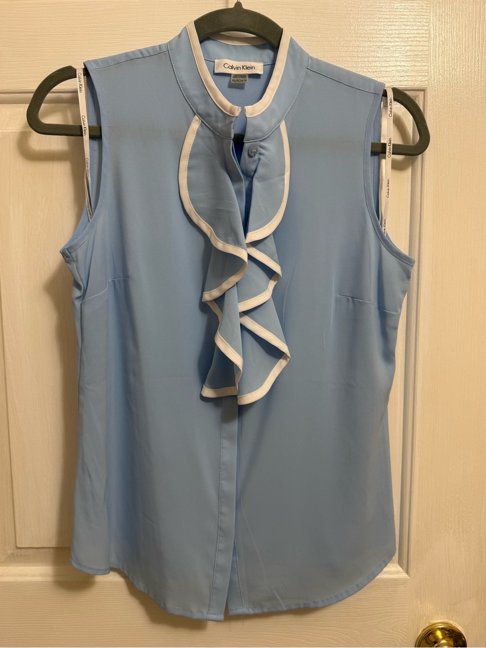Calvin Klein Light Blue Sleeveless Ruffle Trim Blouse
